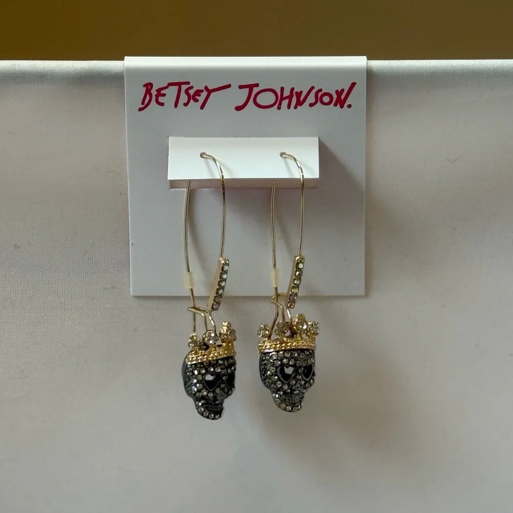 Betsey Johnson Gold and Black Pave Skull Earrings - Picture 2 of 8